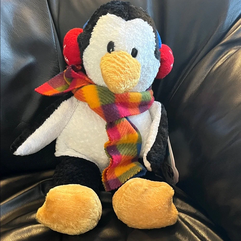 Penguin Plush with Colorful Scarf and Red Earmuffs